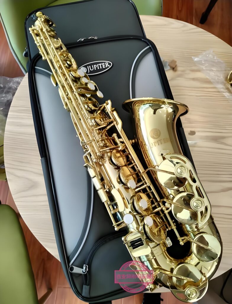 Goldenes Jupiter JAS500 Alt-Saxophon auf seiner Tasche