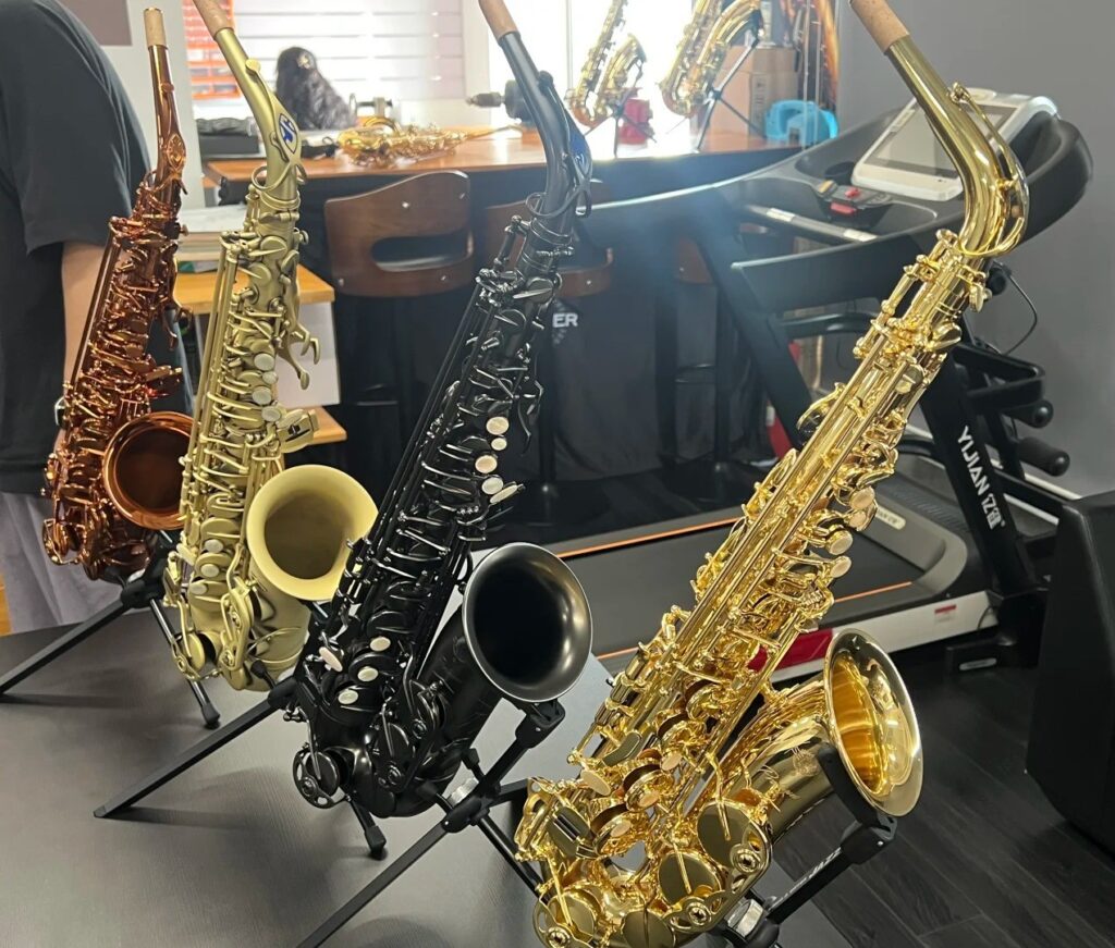 Mehrere Saxophone auf Ständern im Raum