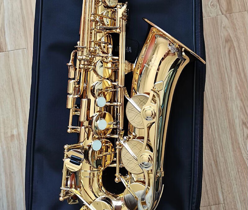 Guldfärgad Yamaha YTS-280 tenorsaxofon på sin väska