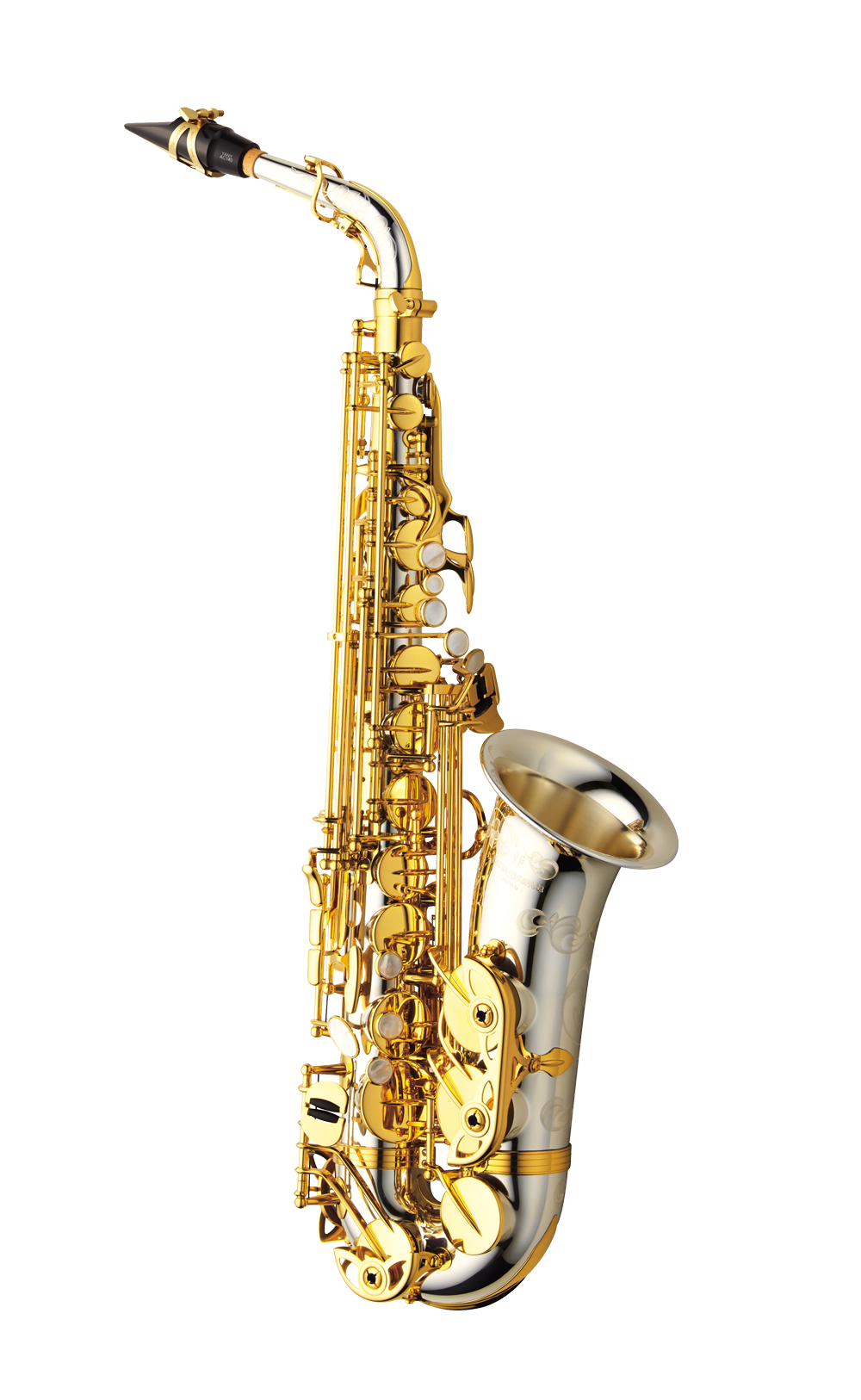 Saxophone alto doré complet sur fond blanc - modèle d'étude recommandé pour adolescent